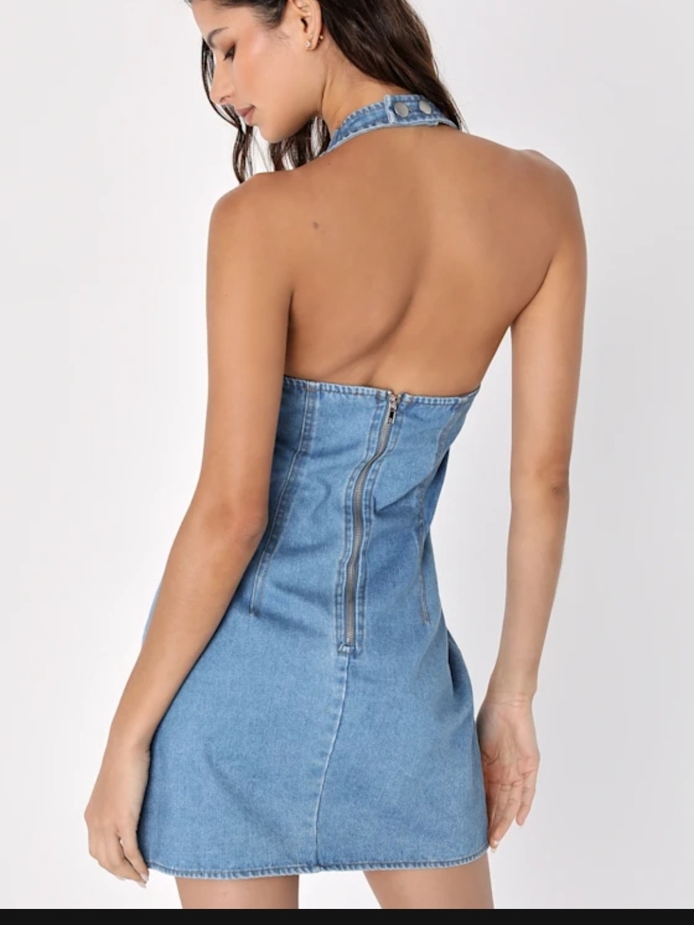 Lulu's Denim Halter Mini Dress in Light Blue - Picture 2 of 9